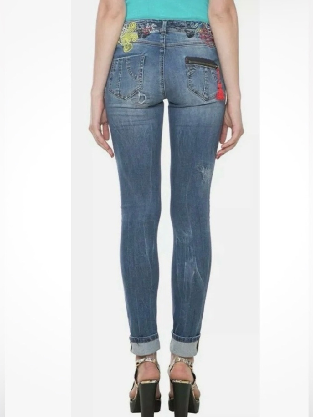 Desigual love and Learn Donato Jeans Embroidered Stretch Denim Distressed Sz 32